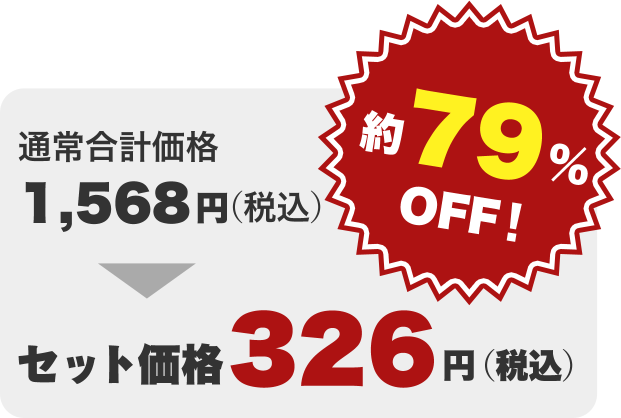 通常合計価格 1,568円（税込）約79％OFF！セット価格326円（税込）